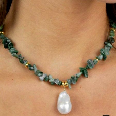 Emerald Nuggets & Pearl Necklace, Brass 22k gold plated necklace for women, Handmade jewelry